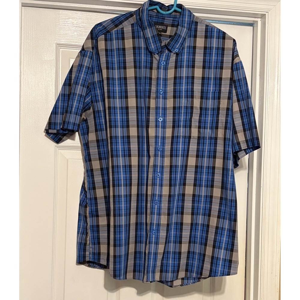 GIOBERTI Men's Short Sleeve Button Up Shirt Blue Black Plaid Men's 2XL, Size XXL